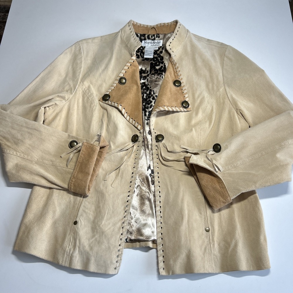 NorthStyle Cream Leather Jacket with Tan Suede Trim and Leopard Lining